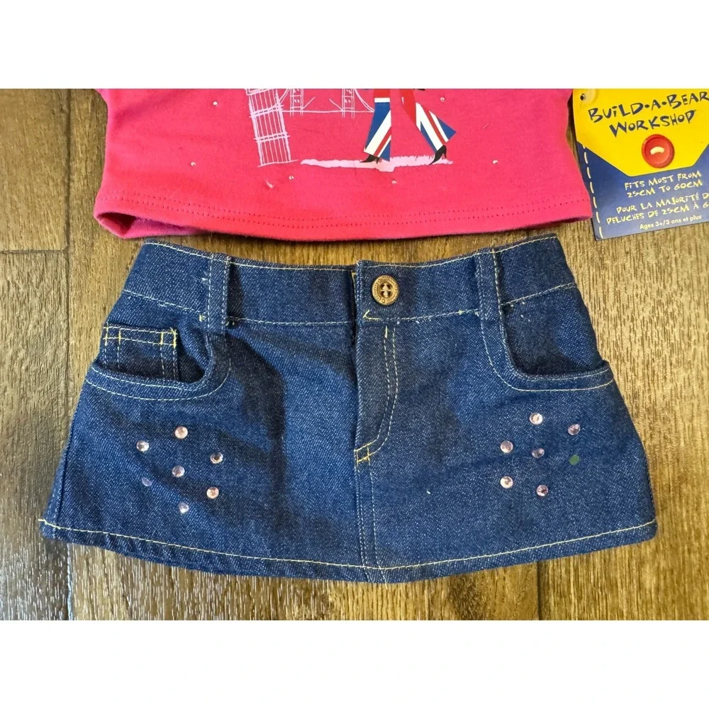 Build A Bear BABW Outfit Clothes London Shirt Denim Skirt Jewels Pink‎ Lot Plush